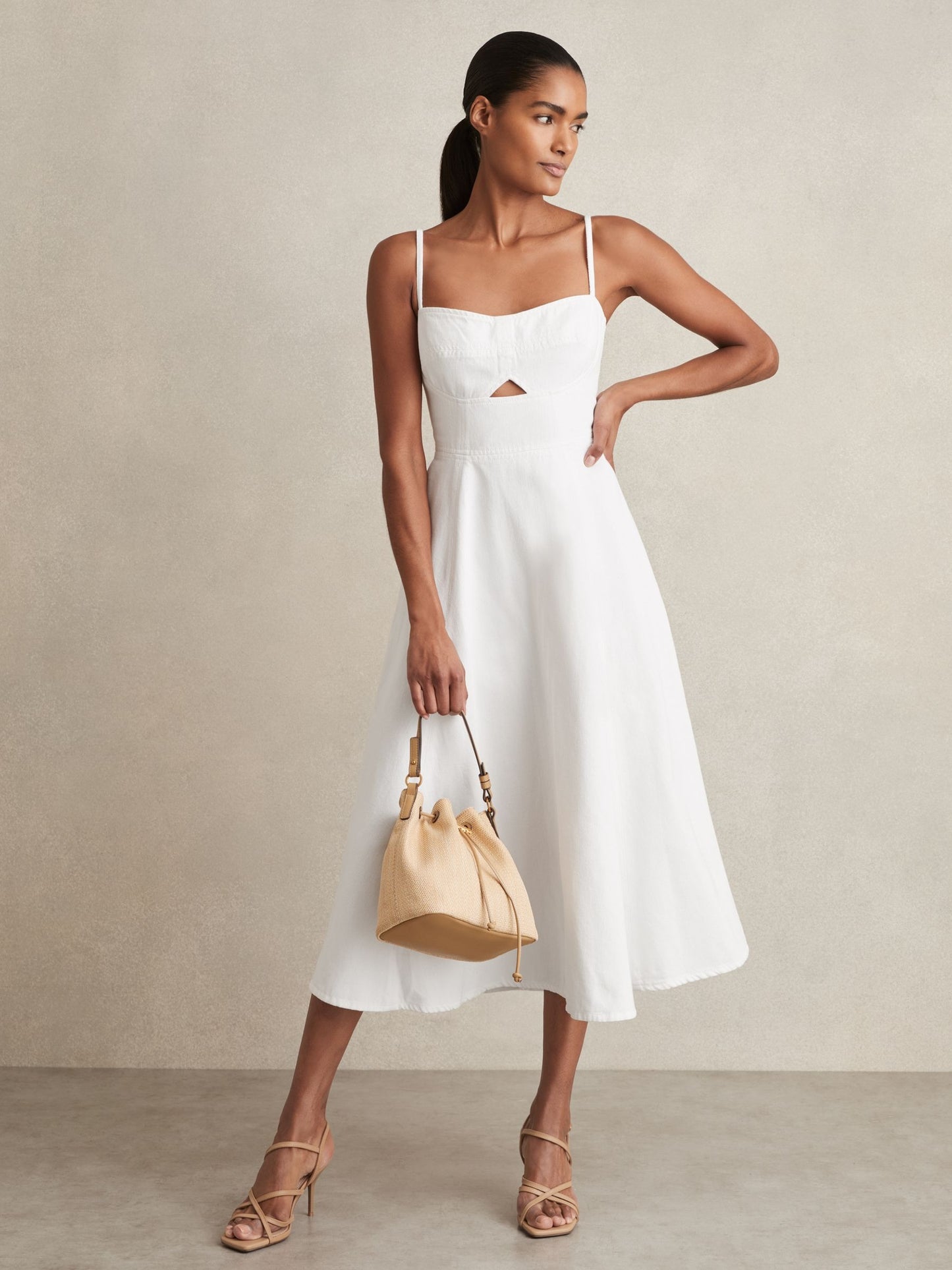 Annie Denim Fit and Flare Midi Dress in White