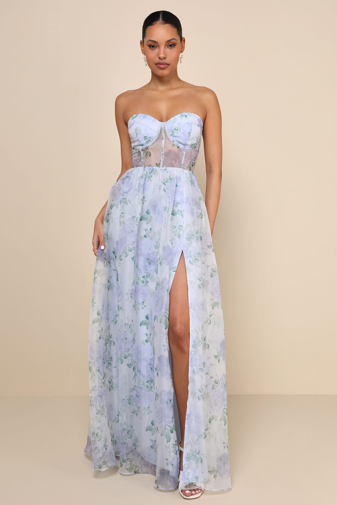 Charming Sweetness Periwinkle Floral Organza Bustier Maxi Dress DatewearFashion Charming Sweetness Periwinkle Floral Organza Bustier Maxi Dress DatewearFashion