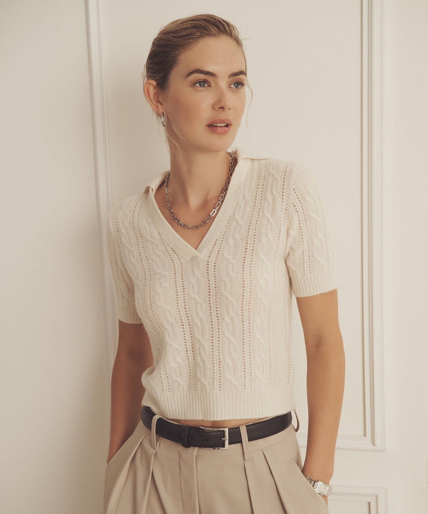 Novelty Cashmere Open Cable Short Sleeve Polo