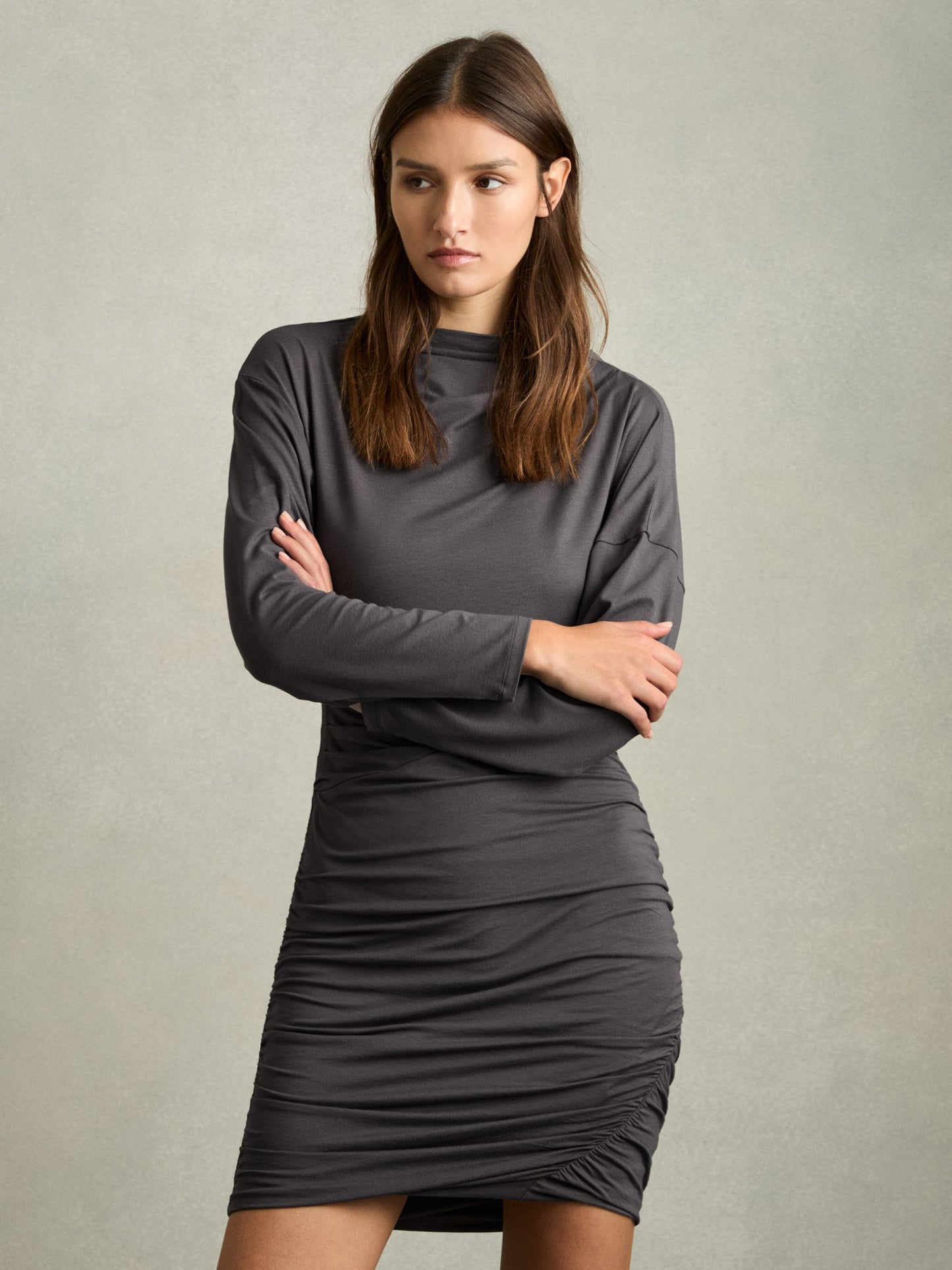 Ari - Ruched Jersey Mini Dress in Charcoal