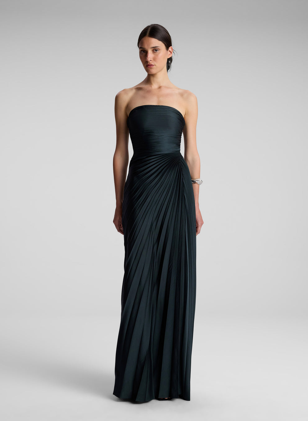 Strapless Maxi Dress with Draped Overlay and Beaded Sheer Panel - White