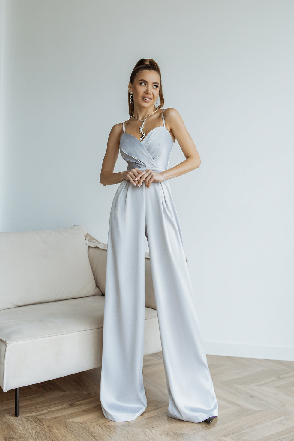 Grey Satin Wide-Leg Jumpsuit