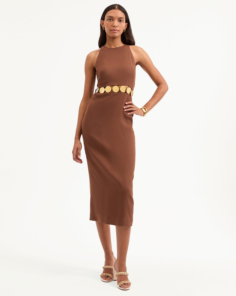 Isla Gold-Medallion Midi Dress