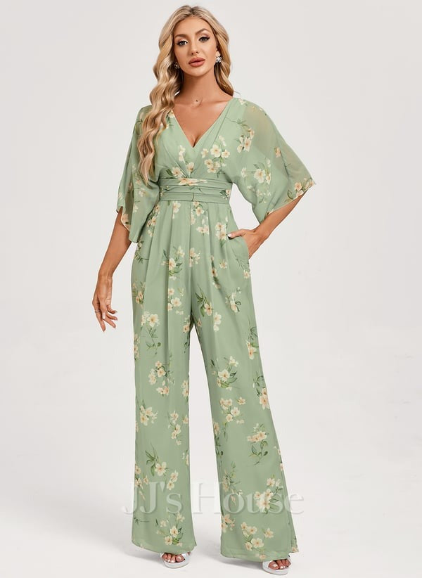 Jumpsuit/Pantsuit V-Neck Floor-Length Chiffon Evening Dress With Pleated