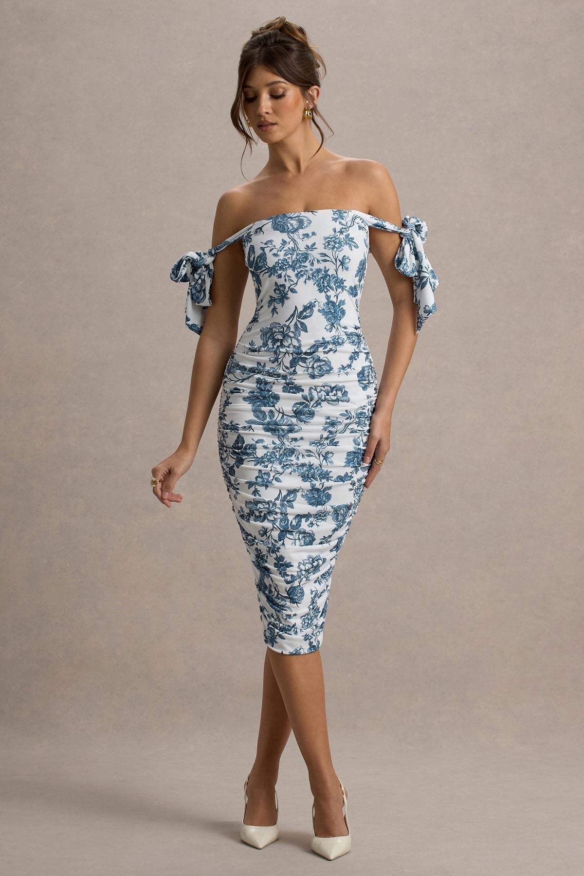 Citrus
Blue Porcelain Print Bardot Bodycon Midi Dress With Bow Sleeves