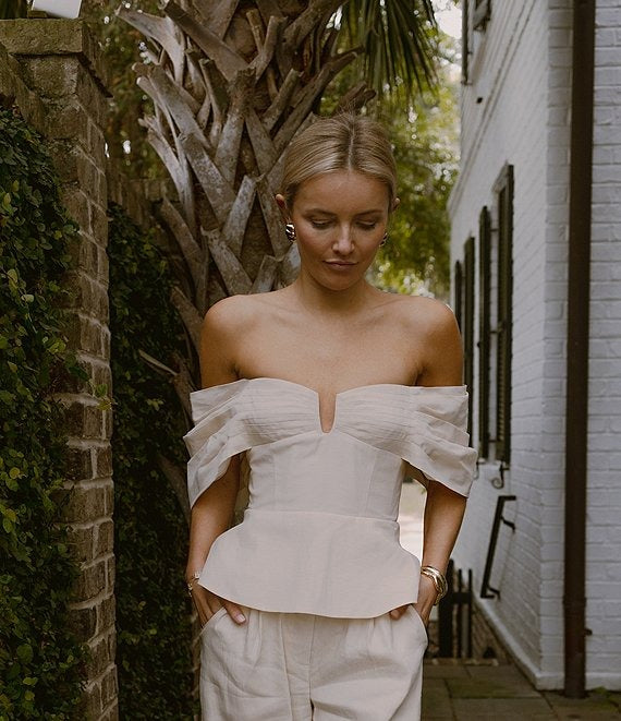 Antonio Melani x Style by Simkins Coordinating Lynn Linen Blend Off the Shoulder Short Sleeve Top