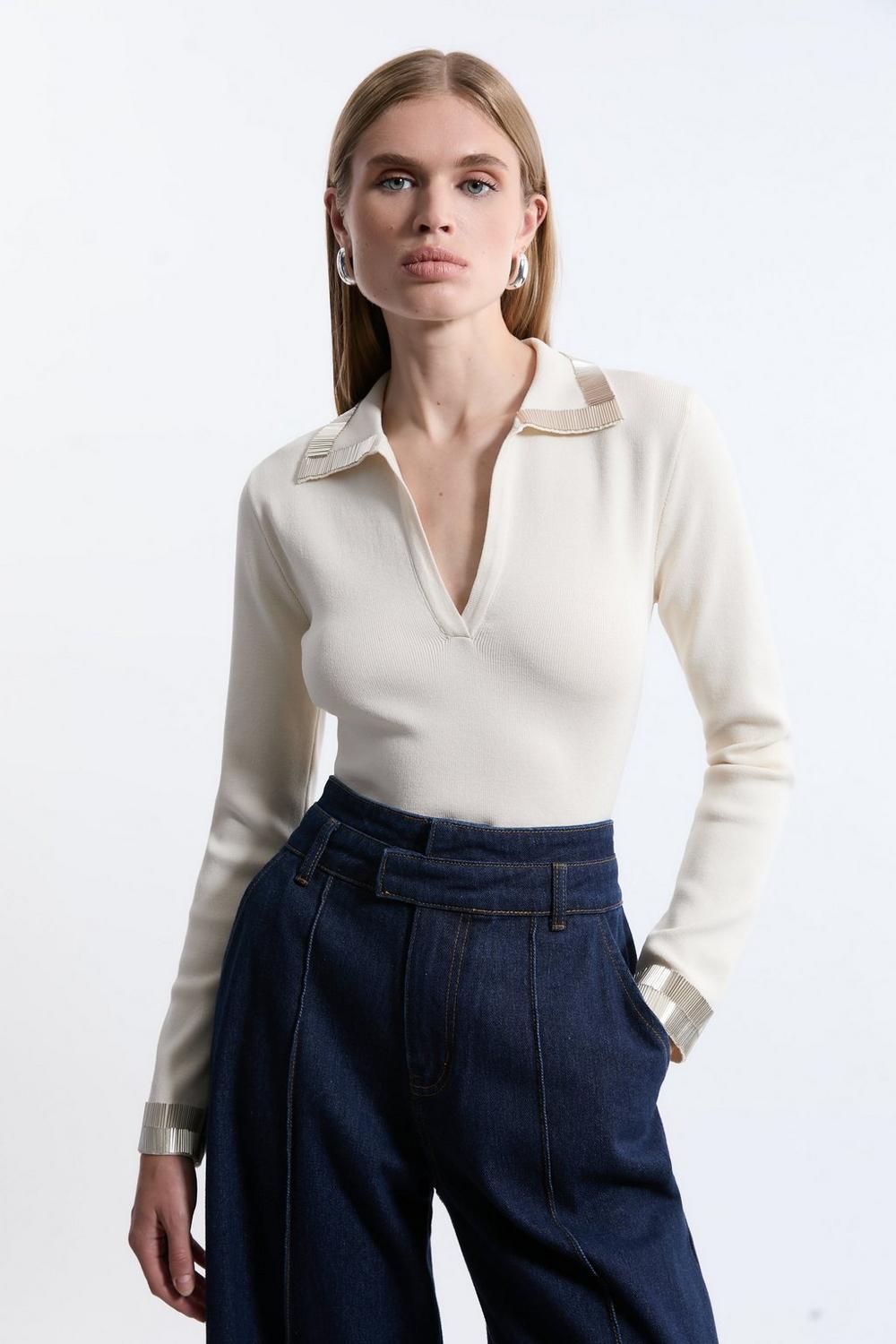 Embellished Collar And Cuff Viscose Blend Knit Polo Top