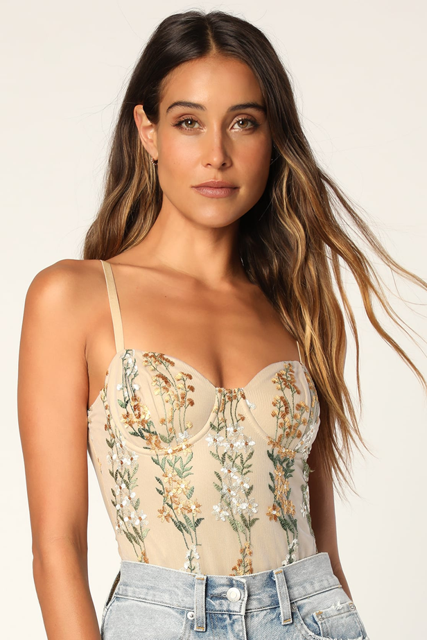 Essence of Elegance Beige Embroidered Bustier Bodysuit