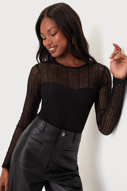 Sheer Passion Black Sheer Lace Long Sleeve Bodysuit