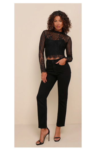 Tempt Me Black Sheer Lace Long Sleeve Crop Top